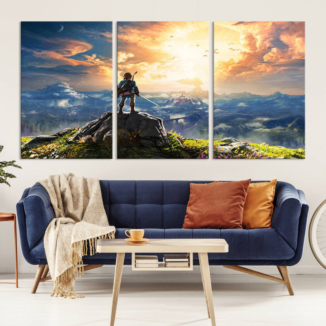 The Legend of Zelda Breath of the Wild Game Wall Art Canvas Print showcases a fantasy landscape with a character on a cliff, all rendered in gallery-quality finish on premium canvas.