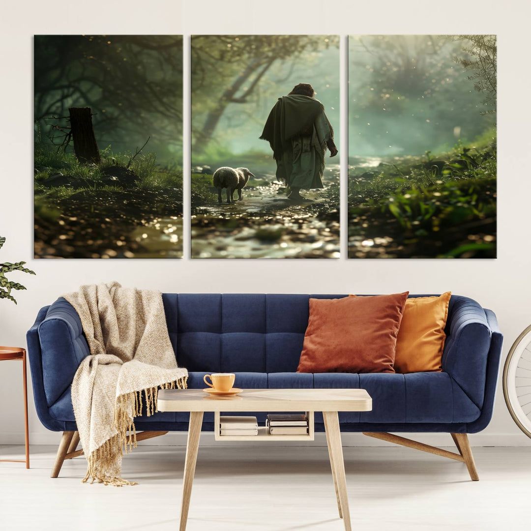 The wall art piece, titled "Jesus Shepherd a Lost Lamb Canvas Wall Art Print," is suspended on the wall and depicts a robed figure and a lamb wandering along a forest path.