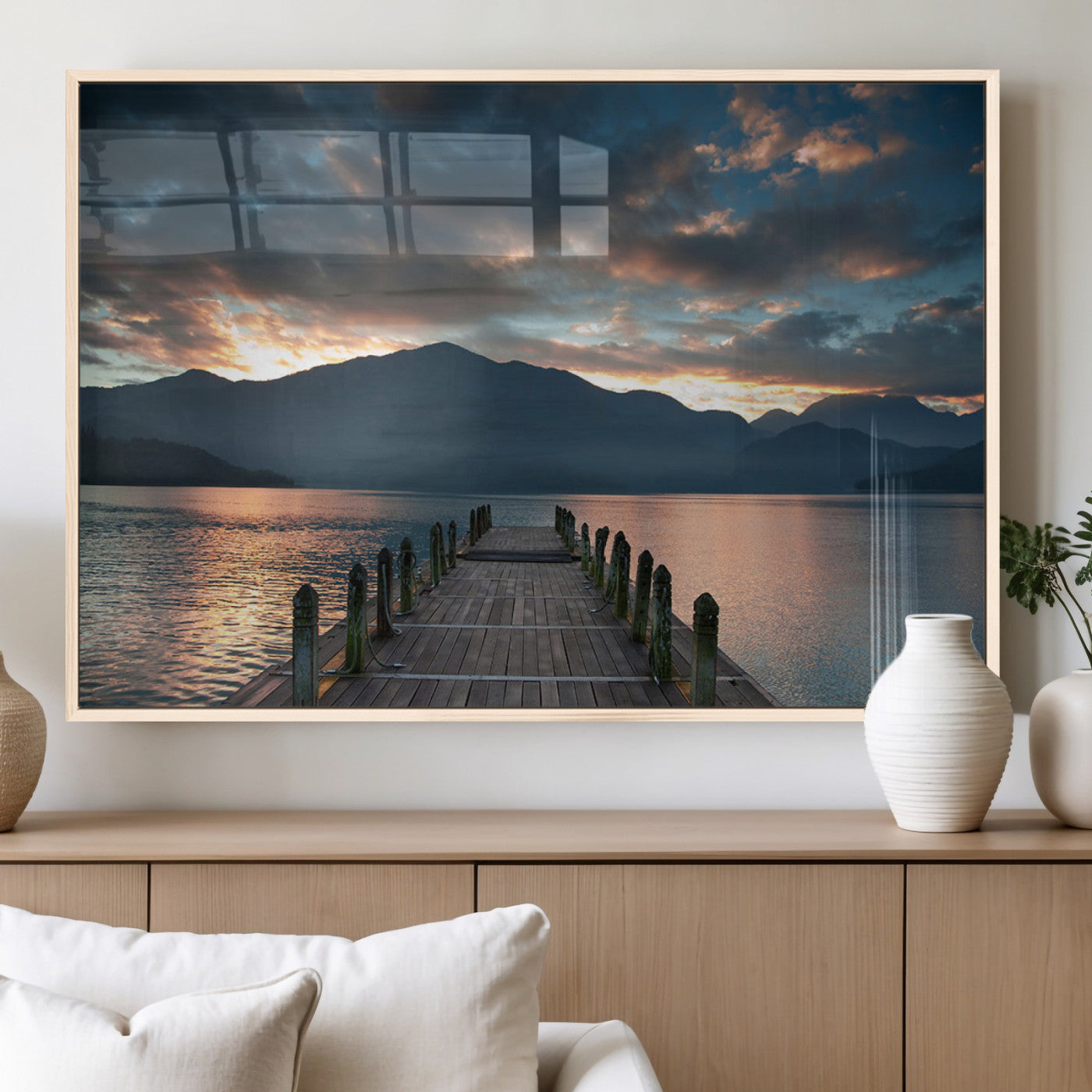 MGV-FP-36X24-3P - Mountain Lake Wood Pier Canvas Wall Art Nature Lake Print
