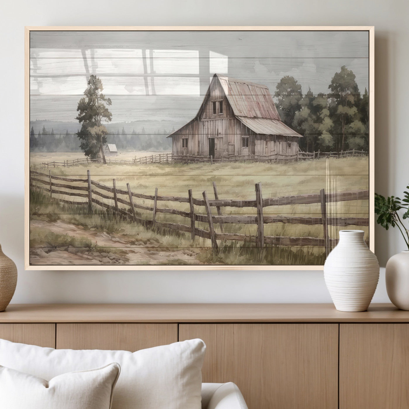 87489-MGV-FP-36X24-3P_Natural-Rustic Farmhouse Barn Wall Art | 3-Panel Framed Gallery Wrap Giclee Canvas Print for Living Room,