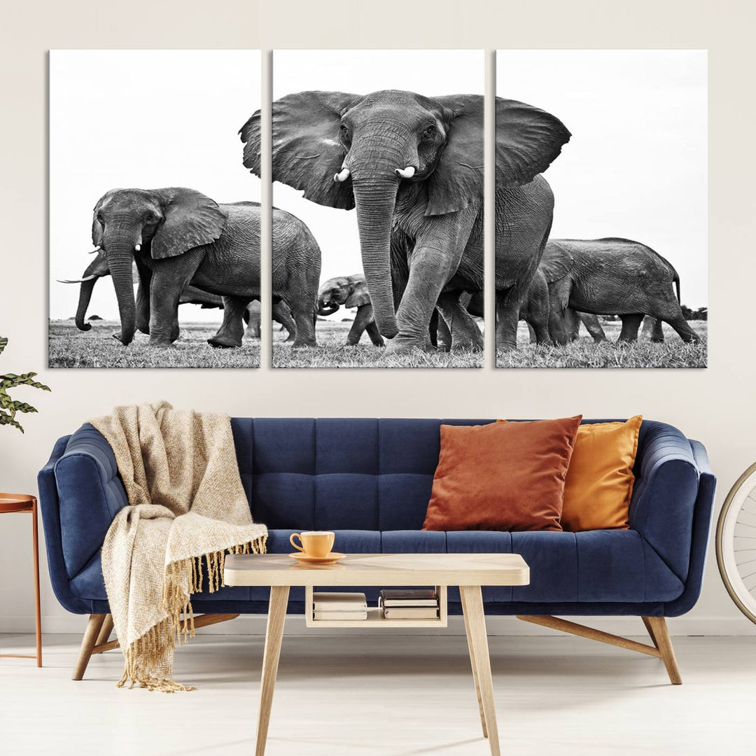 The Black White Elephant Family Wall Art Canvas Print features a triptych of elephants walking in the wild, crafted as gallery-quality wall art on premium canvas.