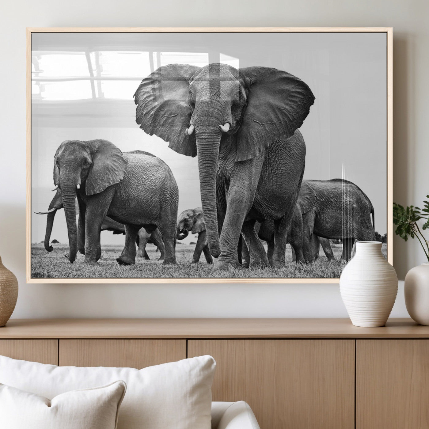 91685-MGV-FP-36X24-3P_Natural-Black White Elephant Family Wall Art Canvas Print