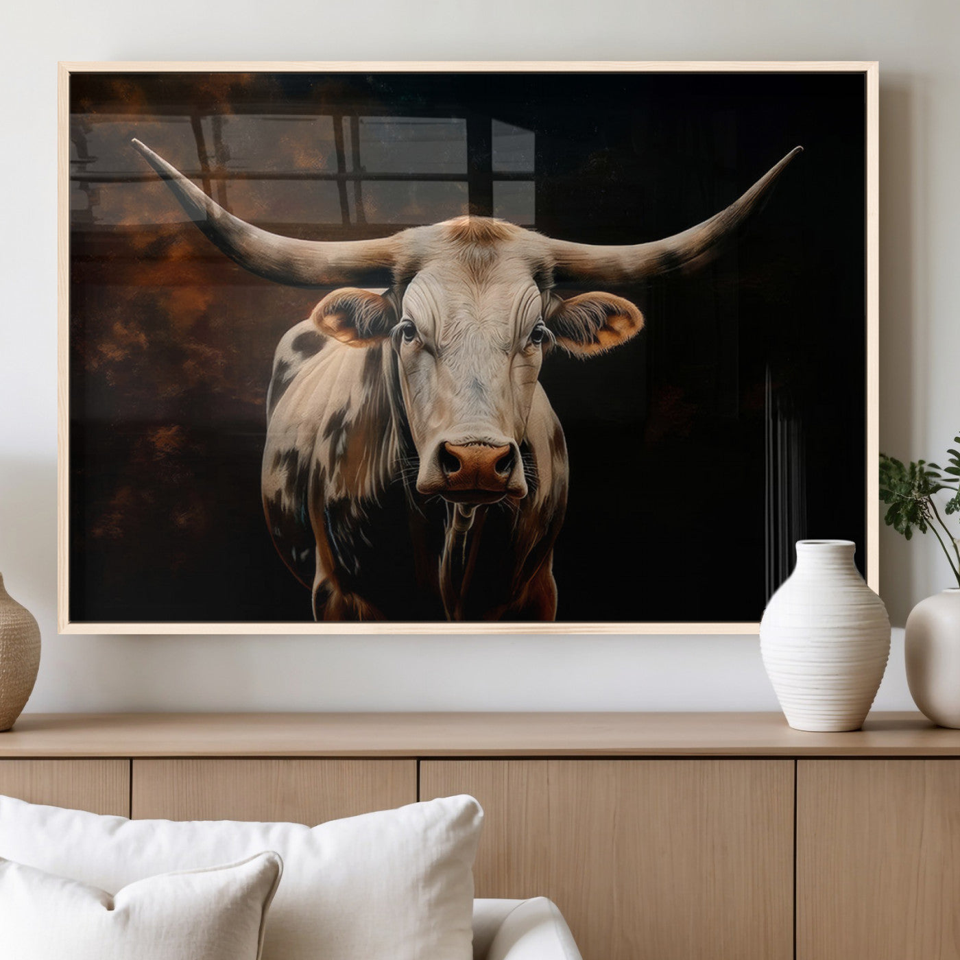 70522-MGV-FP-36X24-3P_Natural-Texas Longhorn Wall Art | 3-Panel Large Texas Longhorn Canvas Print for Living Room, Office, or