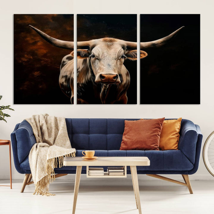 The Texas Longhorn Wall Art, a 3-panel large canvas print, infuses the room with a dash of cowboy charm.