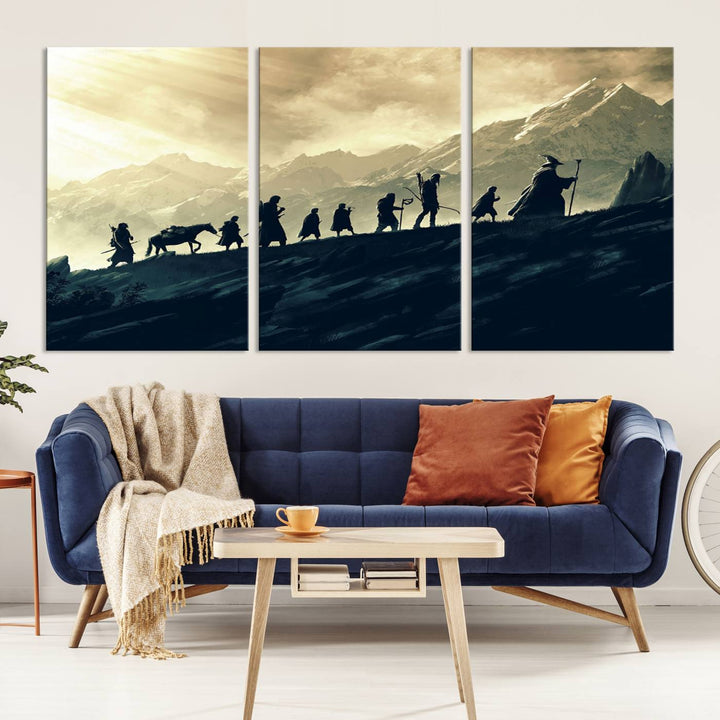 A canvas print titled "Lord of the Rings Silhouette Wall Art Capturing the Epic Quest Through Middle-Earth - The Fellowship's Journey" is displayed.