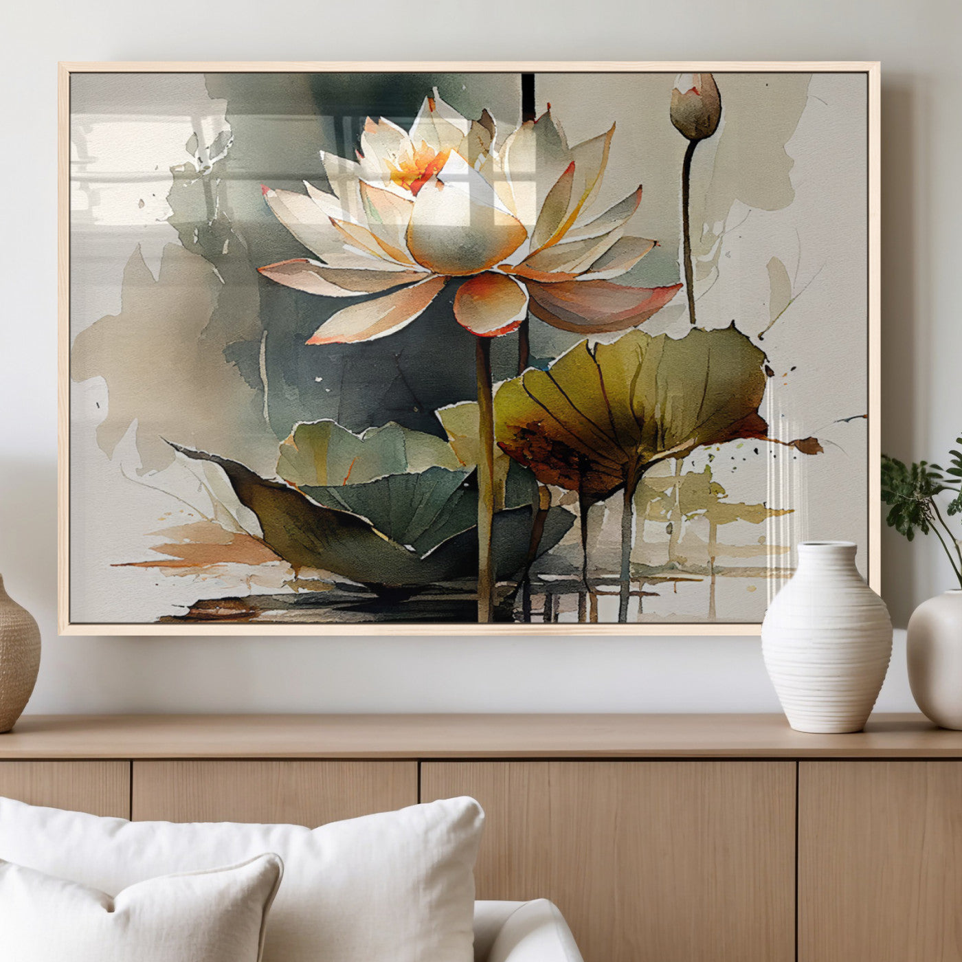 MGV-FP-36X24-3P - Lotus Flower Watercolor Canvas Print – A Symbol of Serenity and Growth, Captured in Soft Watercolors