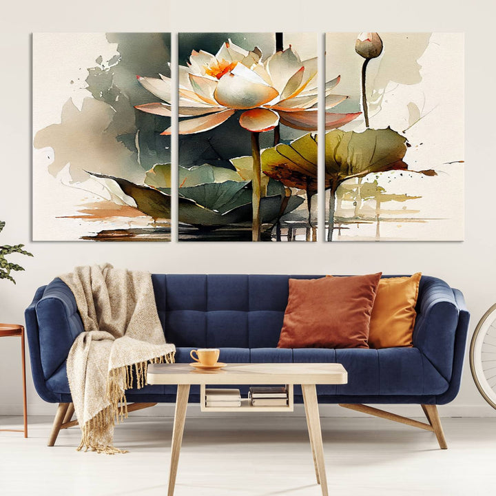 The Lotus Flower Watercolor Canvas Print, a contemporary wall art piece symbolizing serenity and growth with its soft watercolors, adorns the wall.