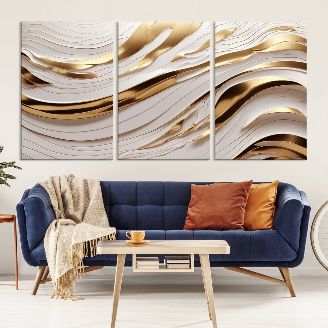 The "Gold and White Abstract Wave Canvas – Elegant Flowing Design with Luxurious Golden Accents" beautifully enhances the area and creates a stunning focal point in the room.