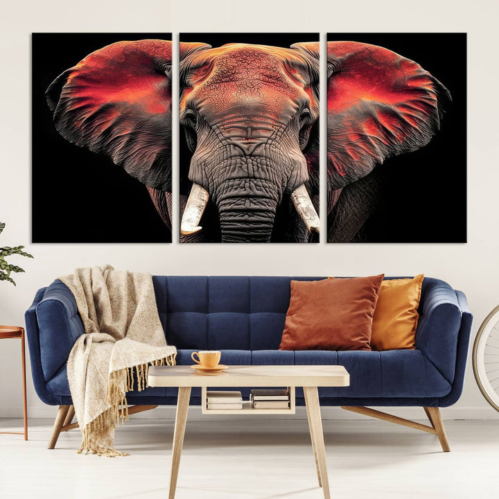 The Elephant Wall Art Canvas Print, featuring vibrant red and black tones, is a stunning artwork printed on museum-quality canvas. It comes with a UV-protective coating.