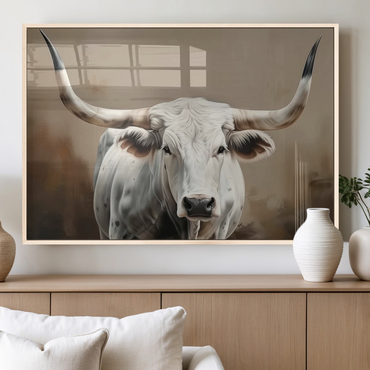 61423-MGV-FP-36X24-3P_Natural-White Longhorn Bull Wall Art Canvas Print – Framed and Ready to Hang – Perfect for Farmhouse and