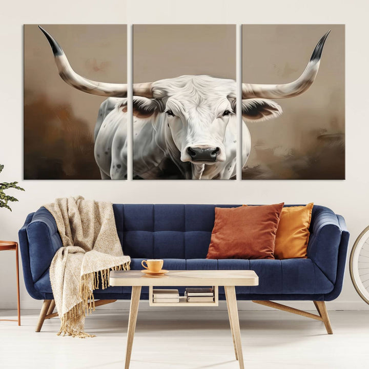 Texas Longhorn Canvas Wall Art features a triptych design on premium canvas with a gallery-quality finish.