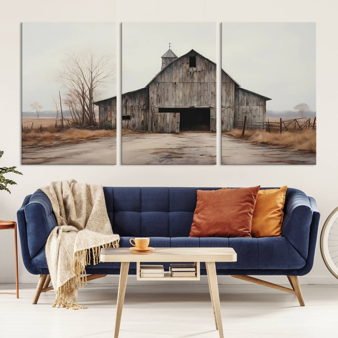 A framed and ready-to-hang Farmhouse Rustic Barn Wall Art Canvas Print is displayed against a gray wall. This stylish modern living room seamlessly combines rural life wall décor with contemporary comfort.