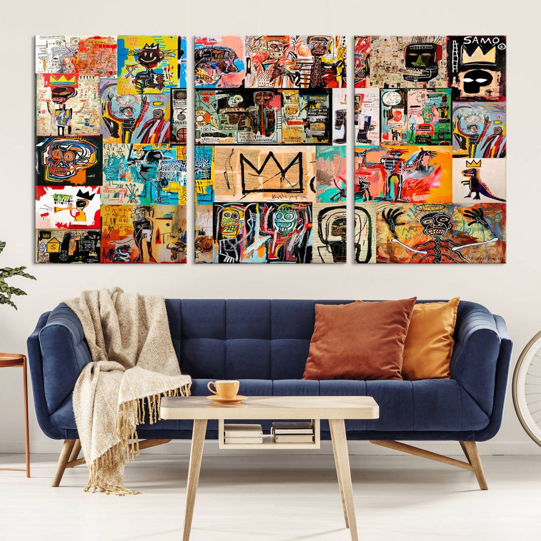 A vibrant Basquiat Art Collage Wall Art Canvas Print in an urban graffiti style adds a modern artistic flair.