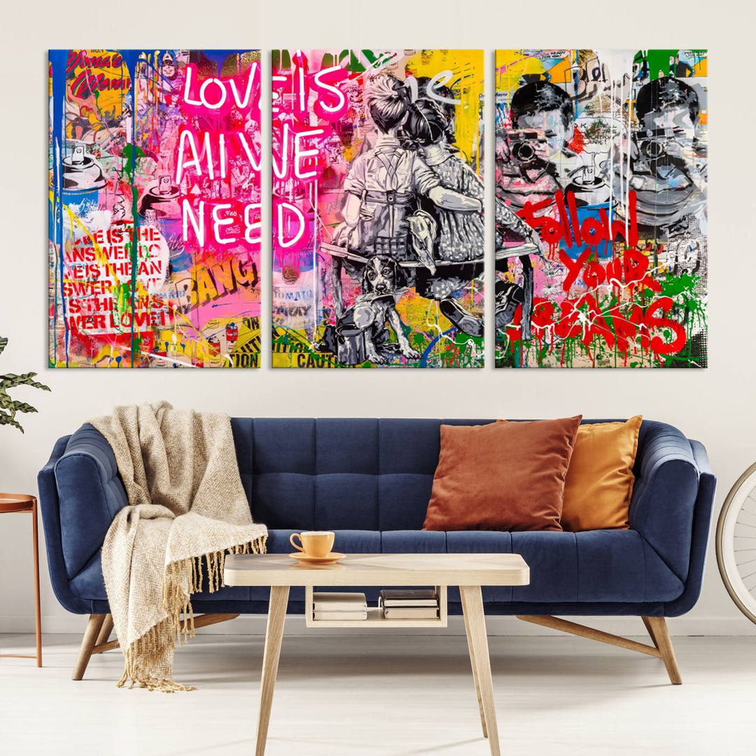 A vivid display of the "Follow Your Dreams & Love is All We Need" graffiti street art energizes a modern room with its three-panel arrangement. This bold giclee canvas print infuses any contemporary space with dynamic flair.