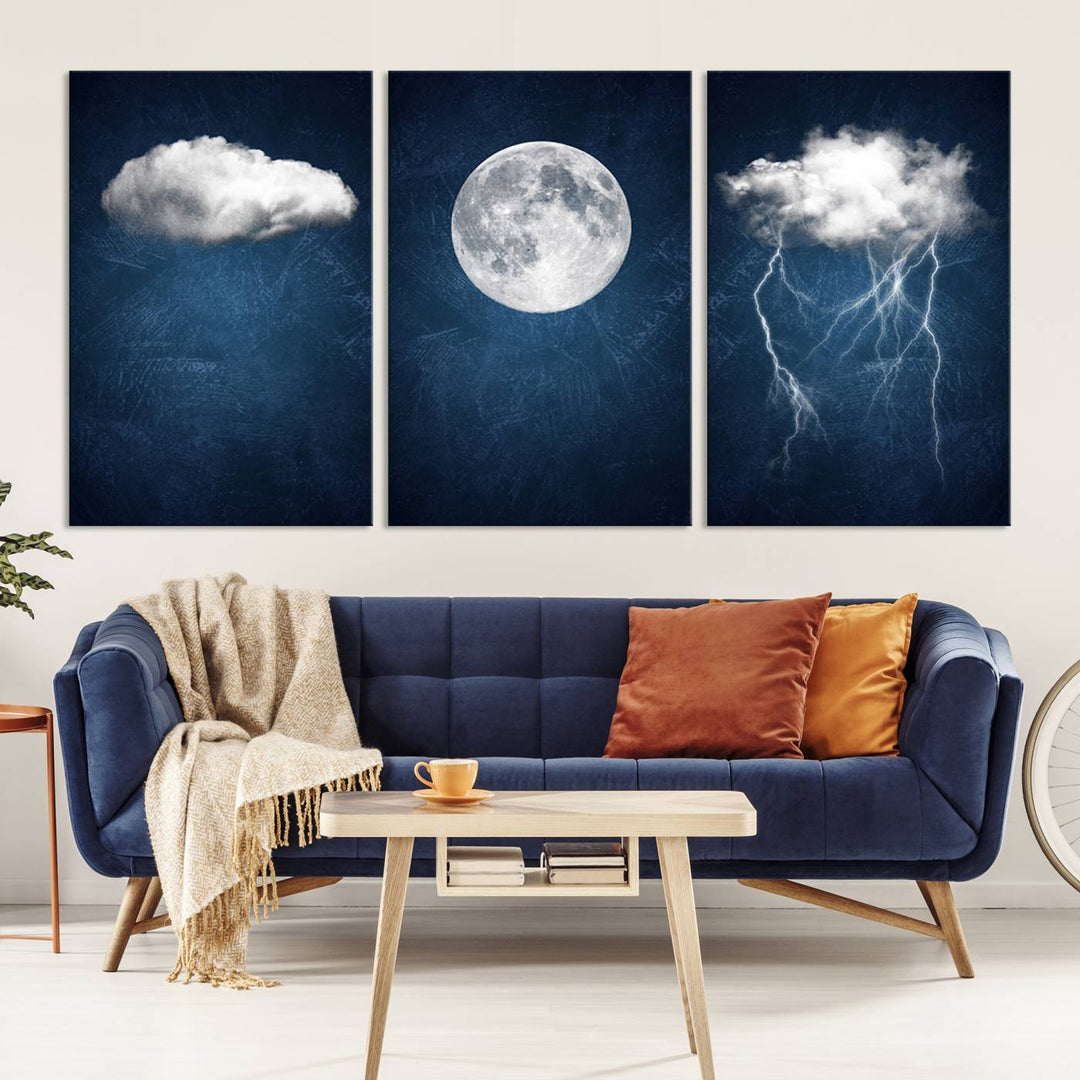 Dark Blue Cloud Art, 3 Piece Indigo Blue Wall Art, Aesthetic Surreal Art, Thunderstorm Moon Cloud Artworks 