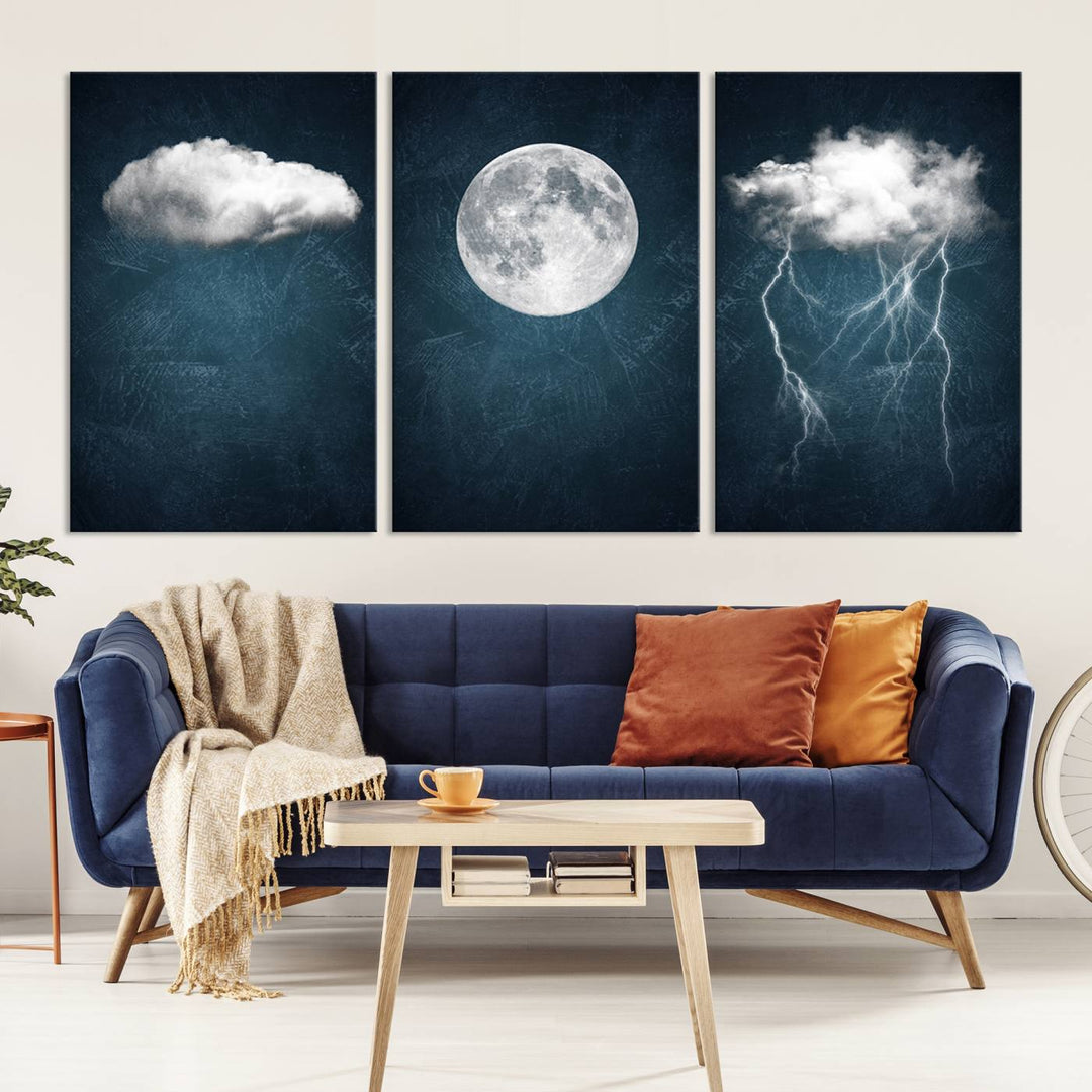 The "3 Piece Indigo Cloud Wall Art, Thunderstorm Moon Cloud Artworks" on museum-quality canvas with UV-protective coating is prominently displayed.