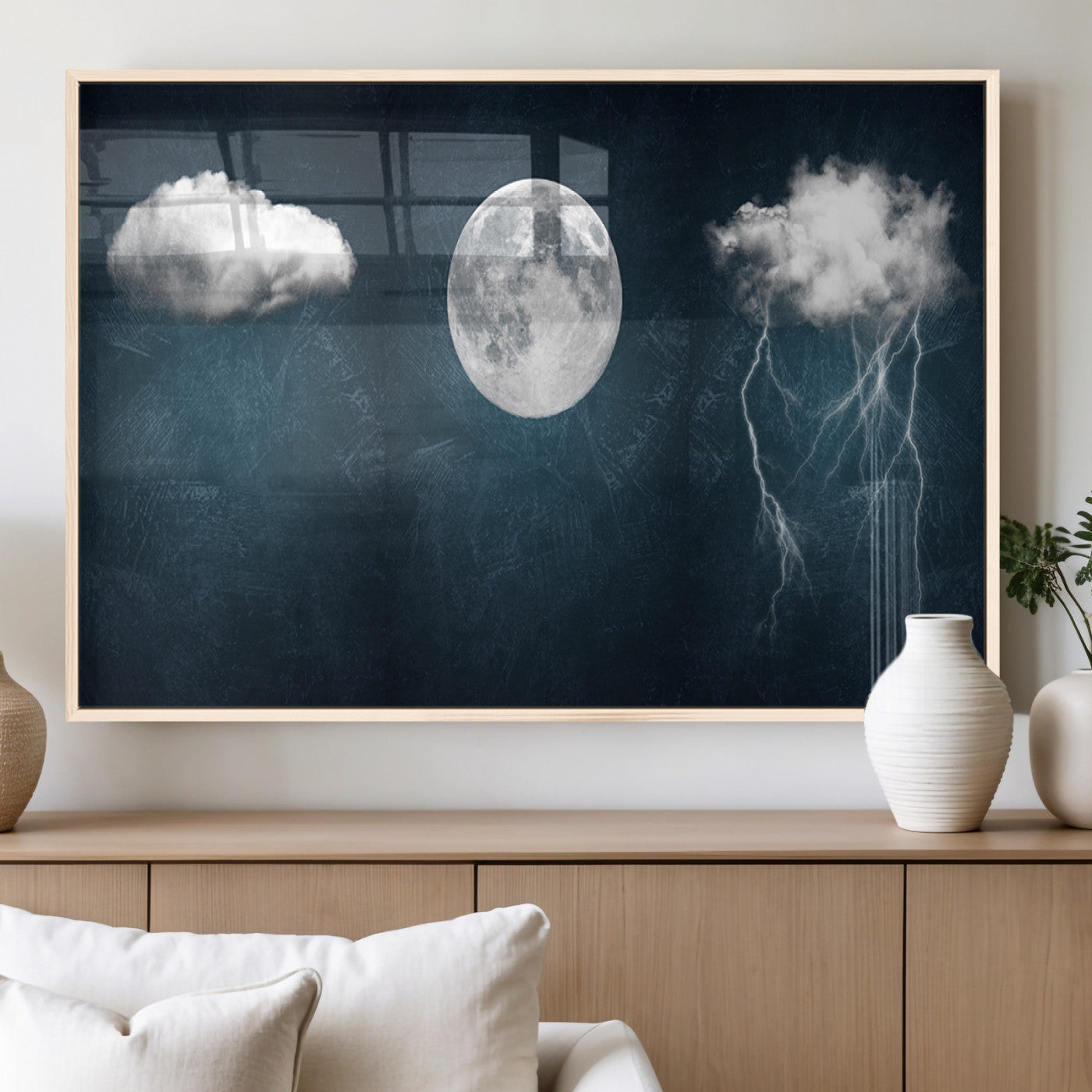 17673-MGV-FP-36X24-3P_Natural-3 Piece Indigo Cloud Wall Art, Thunderstorm Moon Cloud Artworks