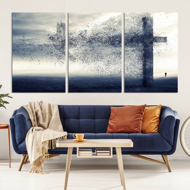 The "Jesus and the Fading Cross – Symbol of Faith" framed canvas print beautifully depicts a cross formed by birds against a moody sky above an ocean. This piece of Christian wall art infuses spirituality into the minimalist space.