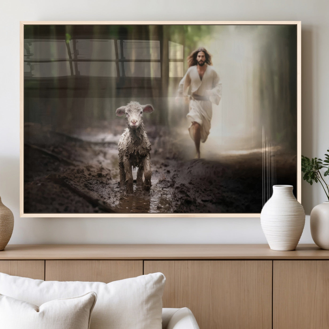 MGV-FP-36X24-3P - Jesus Canvas Wall Art - Jesus Running After Lost Lamb, Jesus, Christian Home Decor - Church Wall Art