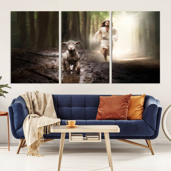 Discover the "Jesus Canvas Wall Art: Jesus Running After Lost Lamb," an exquisite triptych canvas piece that beautifully depicts Jesus in pursuit of a lost lamb within a forest setting. This artwork features a gallery-quality finish and is handmade in the USA, adding both charm and craftsmanship to your space. Perfect for Christian home decor enthusiasts.