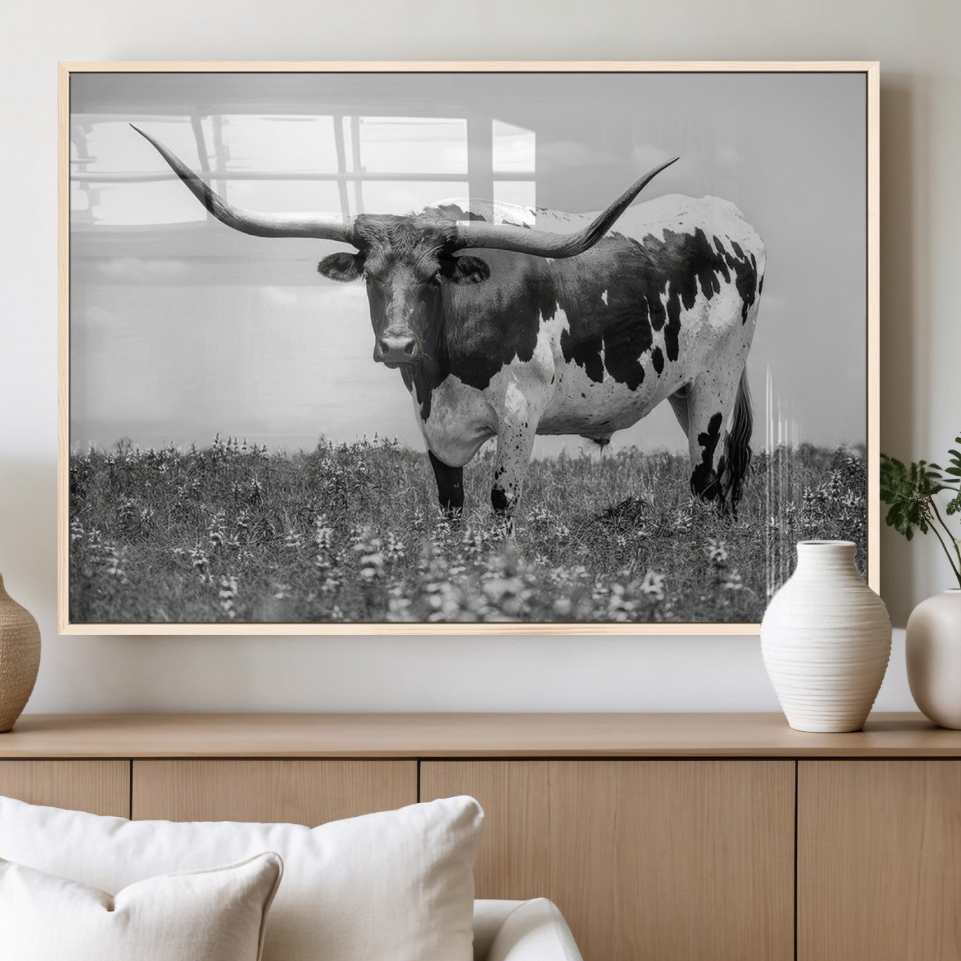 94709-MGV-FP-36X24-3P_Natural-Texas Black White Highland Longhorn Cow Wall Art Canvas Print