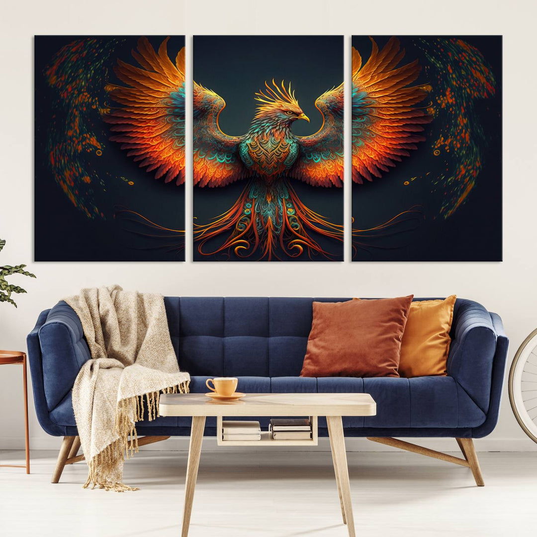 The Majestic Phoenix Wall Art Canvas Set, a fiery symbol of rebirth and strength, graces the wall.