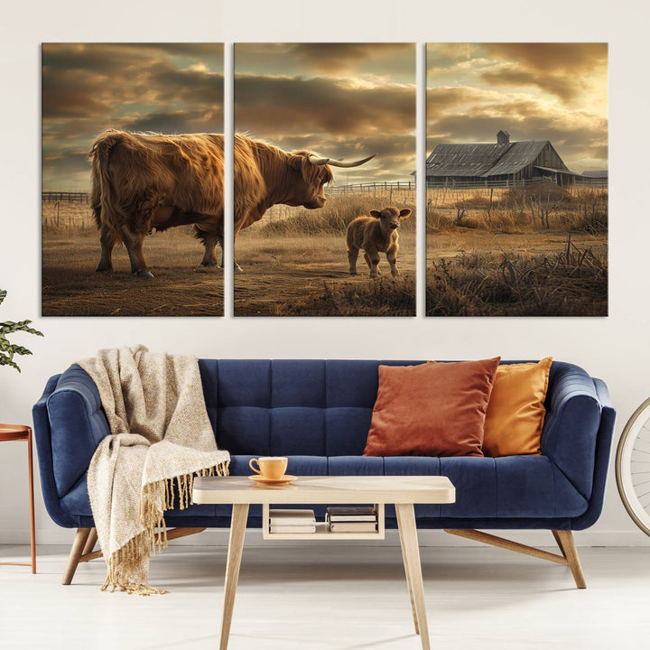 The living room features the "Highland Cow Canvas Wall Art Animal Print Pictures Fluffy Cattle Art," which captures a cow and calf in a rural sunset scene, adding gallery-quality charm.