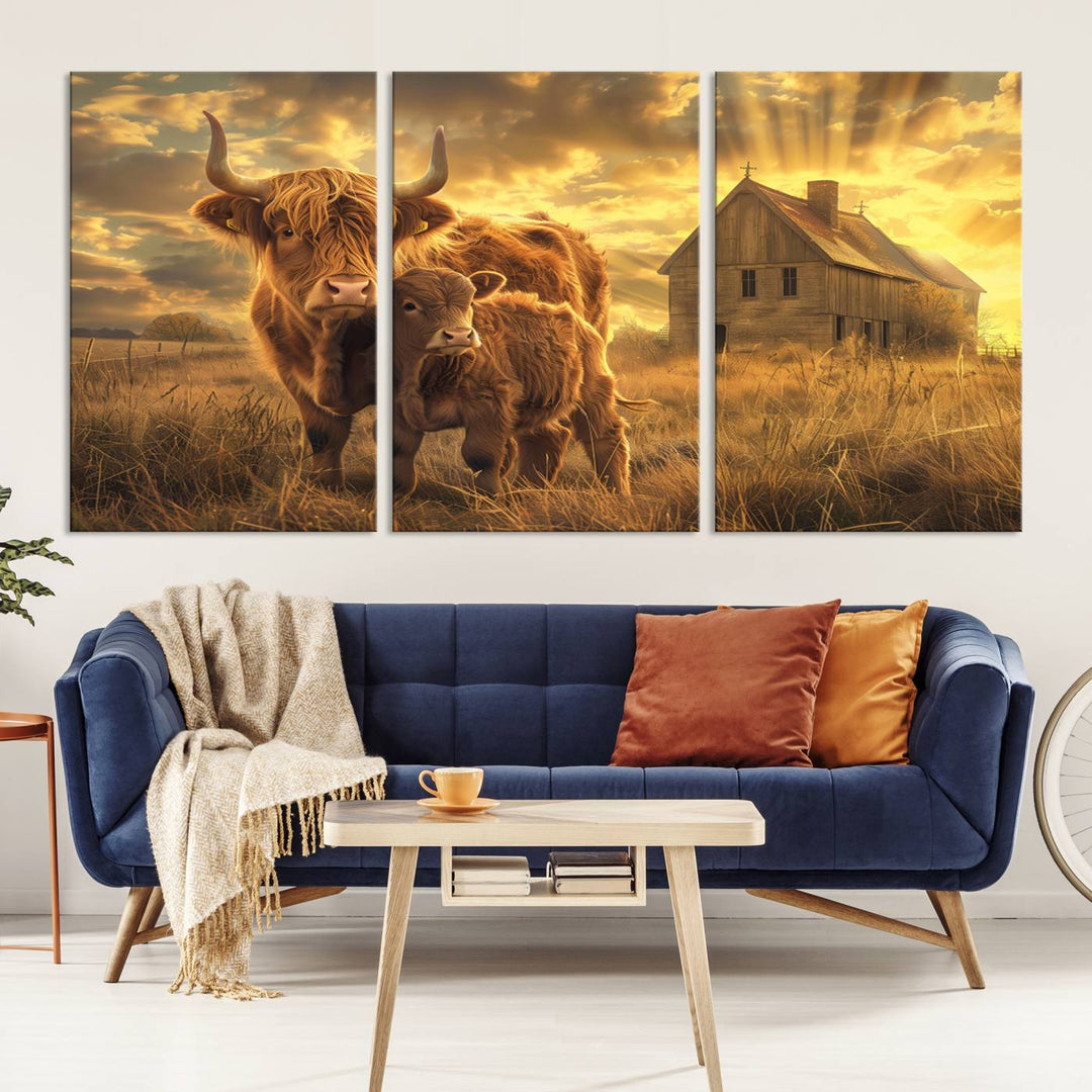 The room features the Barn and Highland Cow Canvas Wall Art Animal Print, a three-panel canvas depicting cows in a sunset field with a rustic barn backdrop. This handmade piece brings charm and character with its gallery-quality finish.