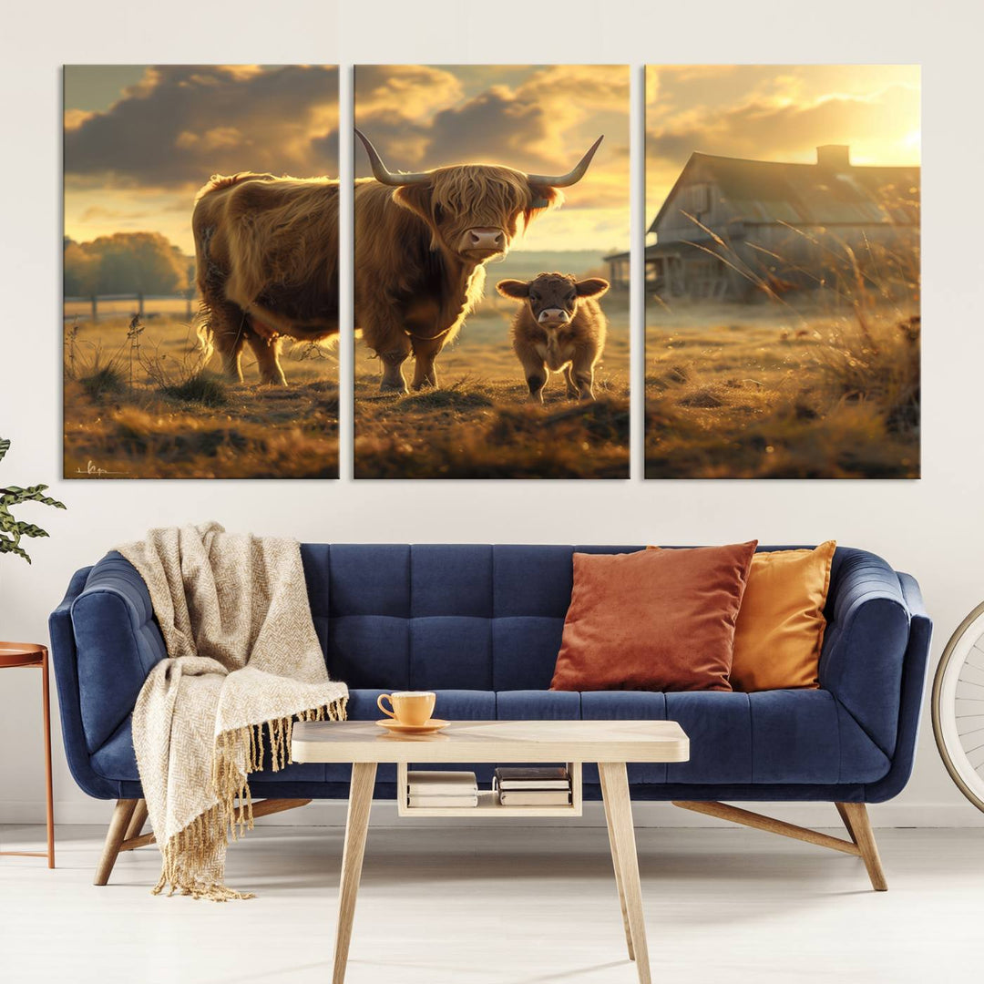 The "Highland Baby Cow Canvas Wall Art Animal Print" triptych art piece showcases a cow and calf in a sunlit field with a barn in the background.