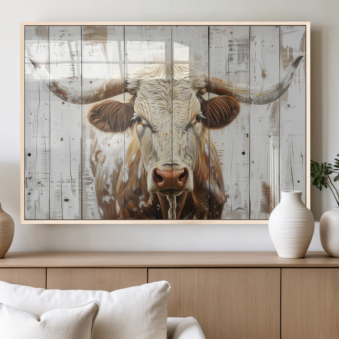 71551-MGV-FP-36X24-3P_Natural-Rustic Longhorn Bull Wall Art Canvas Set – Western-Inspired Farmhouse Décor - Ready to Hang