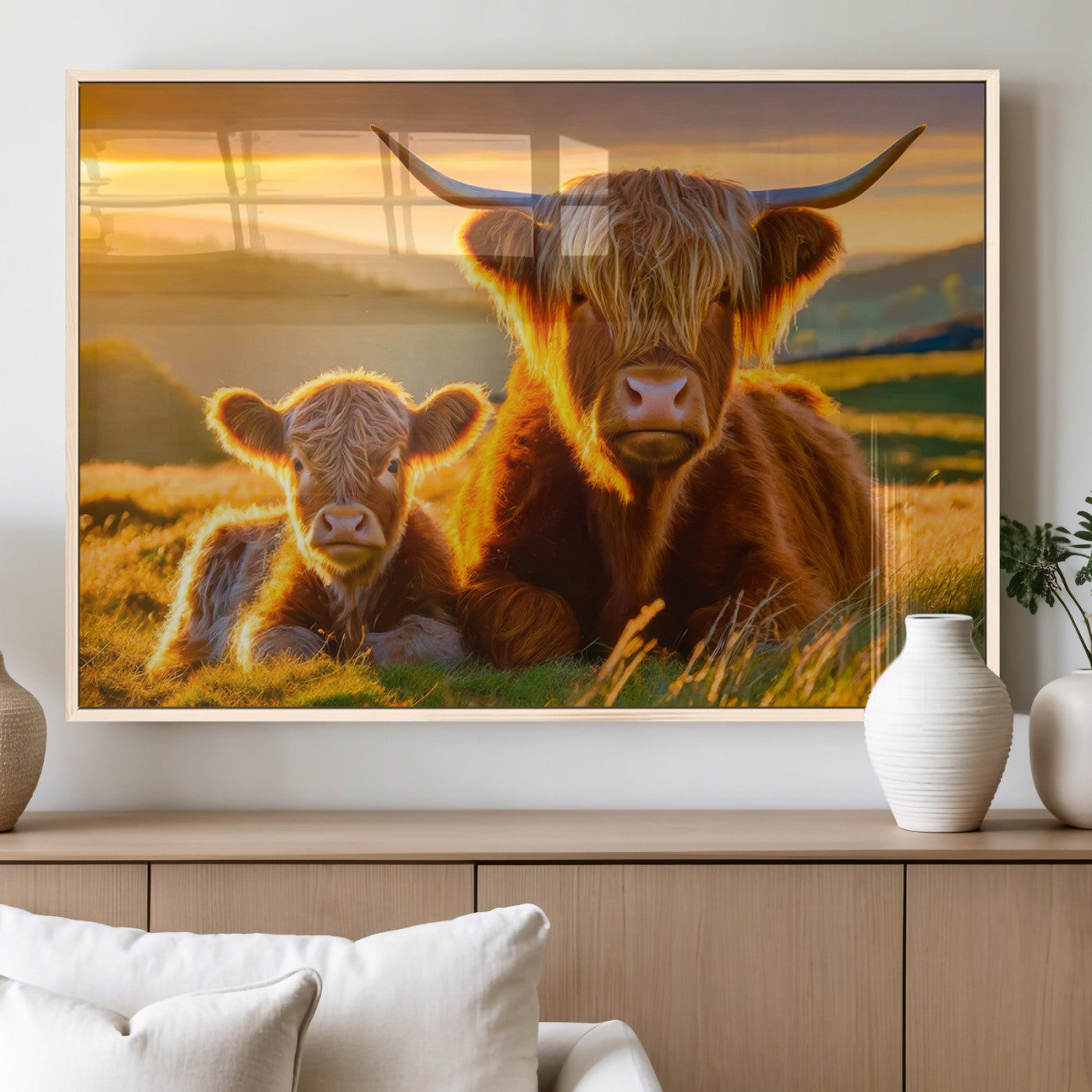 20567-MGV-FP-36X24-3P_Natural-Scottish Cow and Baby Cow Canvas Wall Art Animal Print Fluffy Cattle Framed Farmhouse Decor