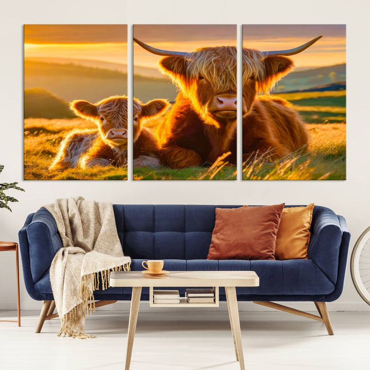 The living room showcases a gallery-quality finish with the Scottish Cow and Baby Cow Canvas Wall Art, featuring a charming animal print of fluffy cattle as the centerpiece. This stunning piece is displayed on premium canvas, creating an inviting atmosphere.