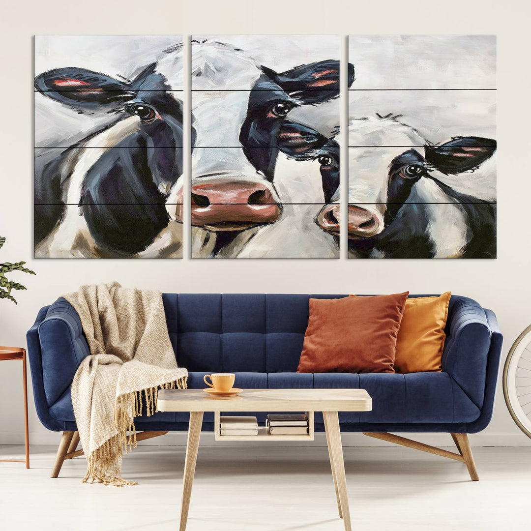 The Vintage Baby and Mom Cattle Wall Art Canvas Print is prominently displayed, adding a touch of contemporary and farmhouse decor to the modern living room.