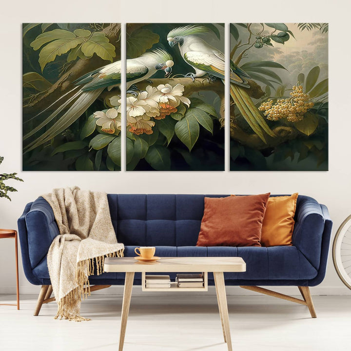 Crafted in the USA, this Tropical Paradise Print wall art features a stunning parrot amidst a lush forest and beautiful flowers.