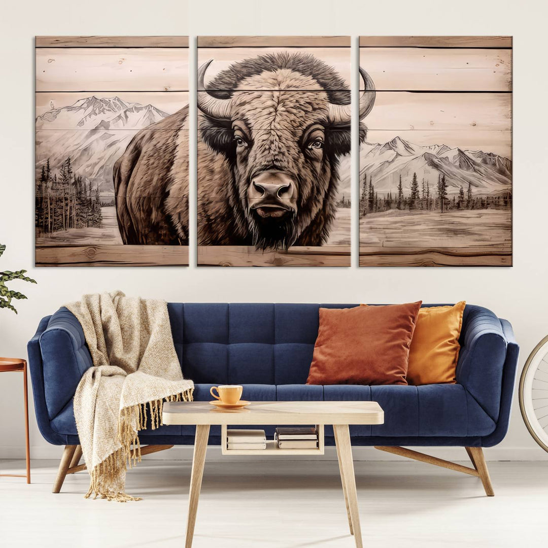 A stunning triptych artwork from the "Bison Canvas Wall Art American Buffalo Print Rustic Decor for Farmhouse Wall Art" collection graces the modern living room. Its vibrant colors are enhanced by museum-quality canvas and a UV-protective coating. The gallery-wrapped piece adds elegance to the space.