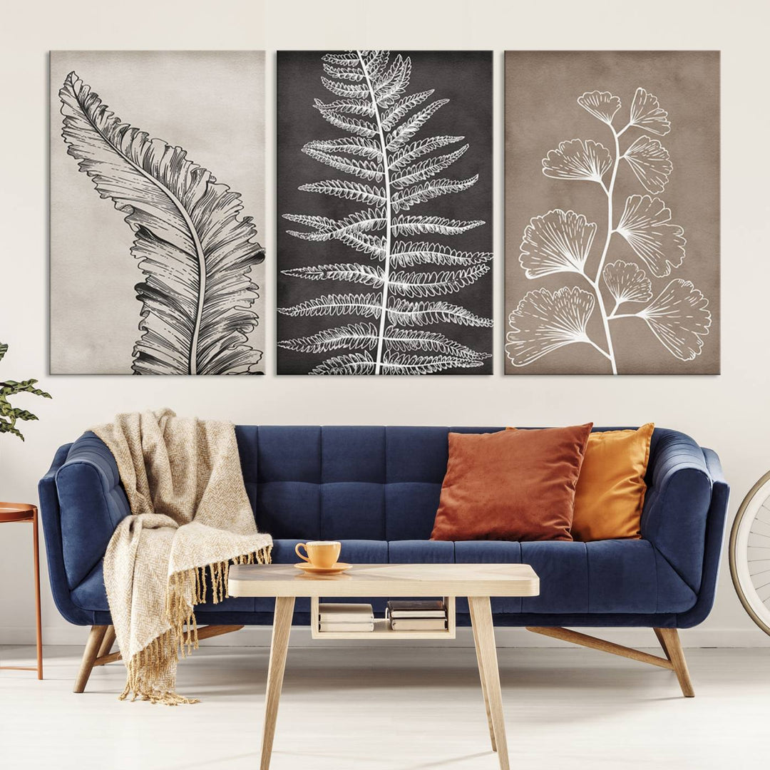 Botanical Leaf Art Collection - 3-Panel Wall Art Canvas Print, Framed and Ready to Hang - Nature-Inspired Home Decor 