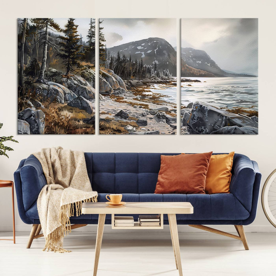 The stunning Serene Coastal View of Acadia National Park is a 3-panel wall art canvas print that beautifully captures a tranquil mountain and lake scene.