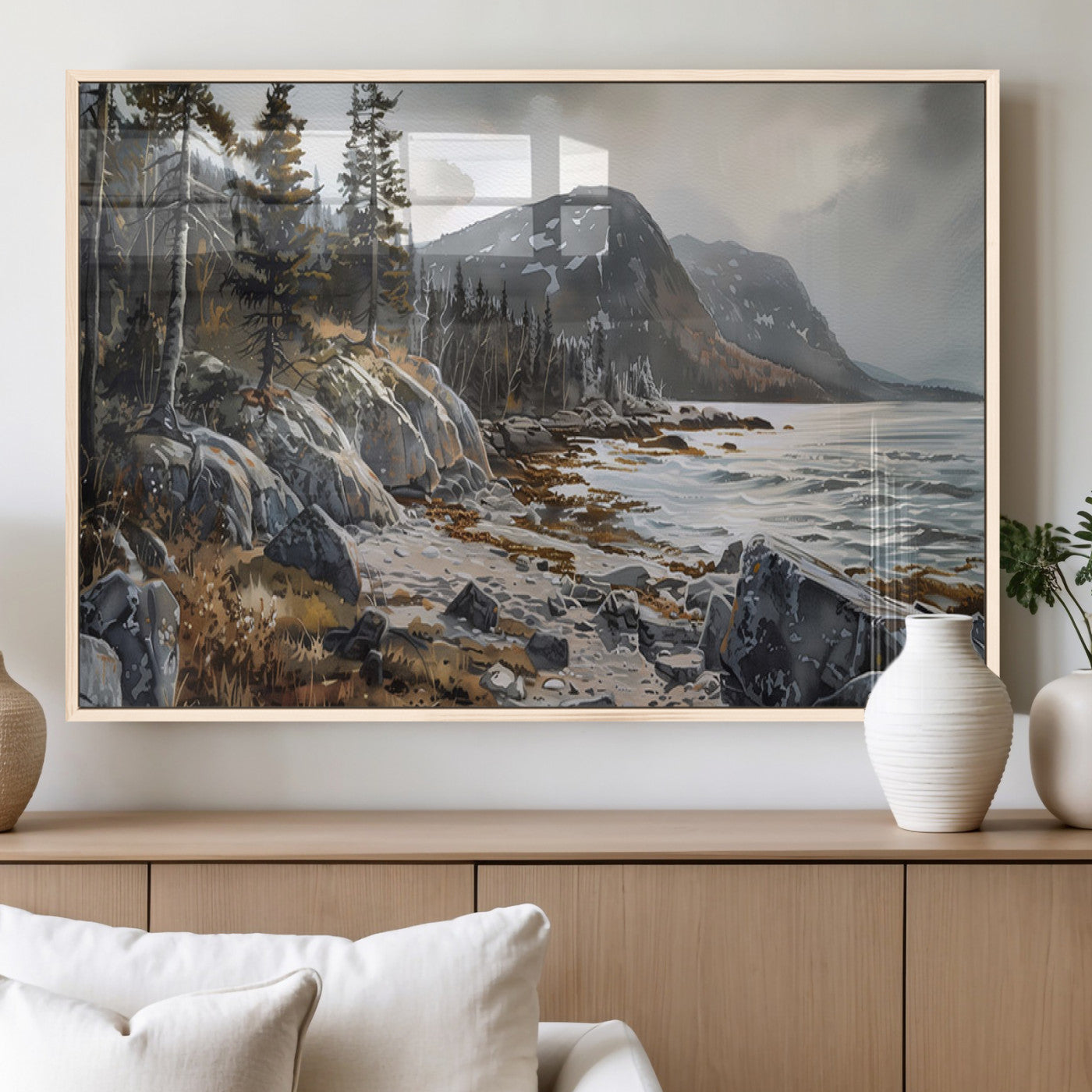 41281-MGV-FP-36X24-3P_Natural-Serene Coastal View of Acadia National Park - Stunning 3-Panel Wall Art Canvas Print, Framed, Ready