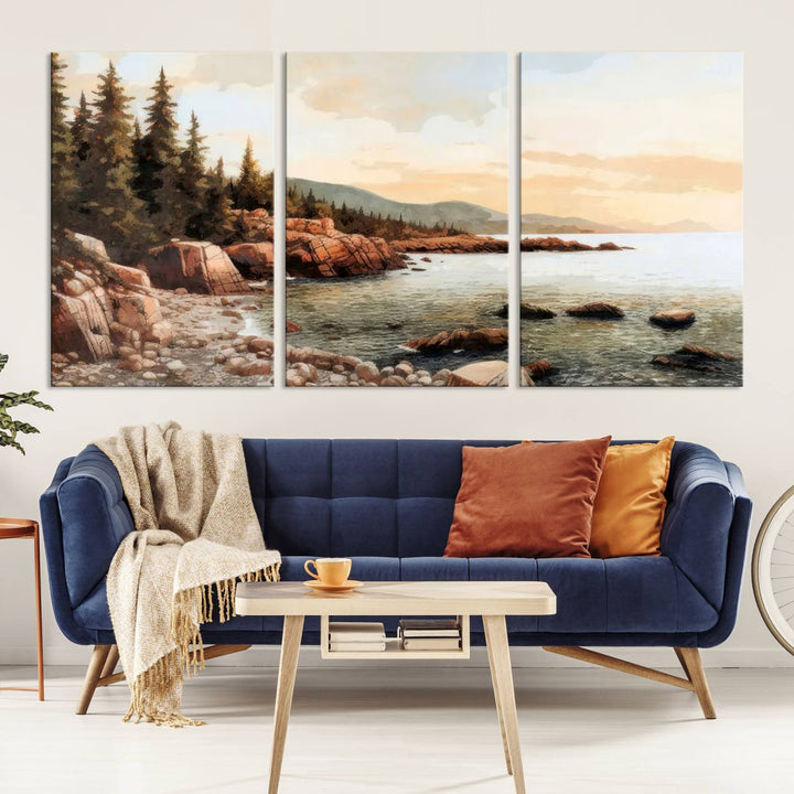 Serene Coastal View of Acadia National Park - Stunning 3-Panel Wall Art Canvas Print, Framed, Ready to Hang