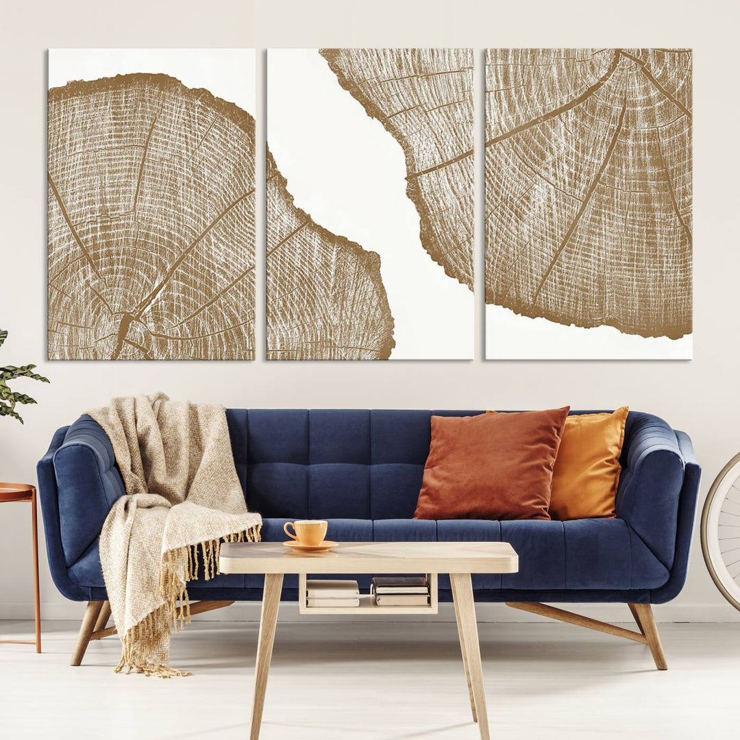 The "Rustic Brown Tree Ring Wall Art Canvas Print" in the living room adds an elegant, nature-inspired touch to the space.