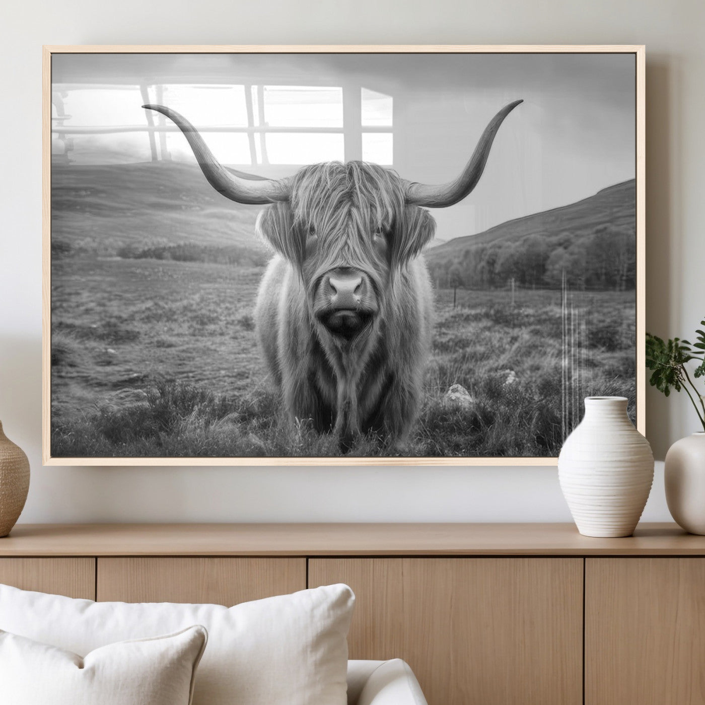 MGV-FP-60X30-3P - Black White Scottish Highland Cow Canvas Farm Wall Art Canvas Print