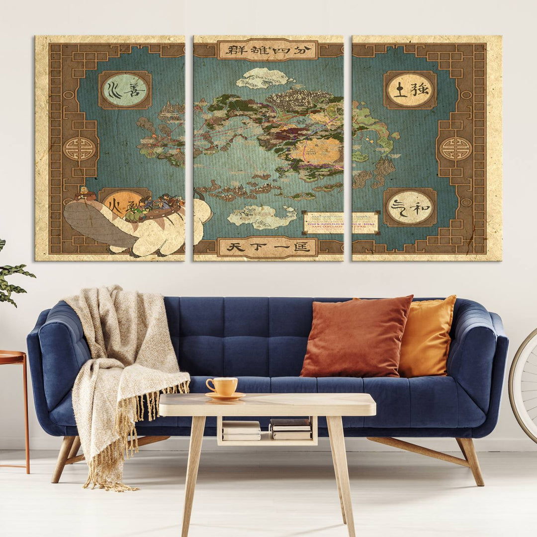 Hanging above is the Avatar: The Last Airbender Vintage Map - Wall Art Canvas Print, framed and ready to hang, showcasing an enchanting glimpse into the iconic four nations design.