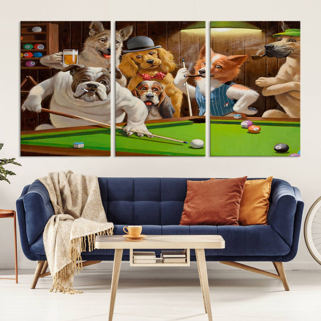 The "Dogs Playing Pool Canvas Wall Art" features a whimsical scene of dogs dressed as humans playing pool in a bar, presented as a three-panel display with a gallery-quality finish.