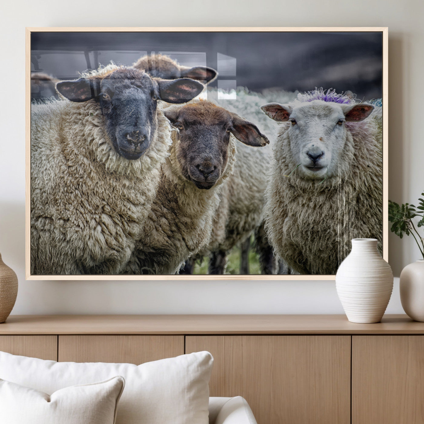 18418-MGV-FP-36X24-3P_Natural-Charming Sheep Portrait Wall Art – Trio of Woolly Companions Canvas Print, Framed, Ready to Hang