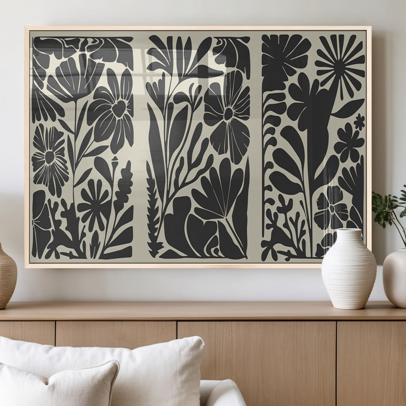 MGV-FP-36X24-3P - Modern Botanical Wall Art - Floral Black and White Canvas Print, Framed, Ready to Hang