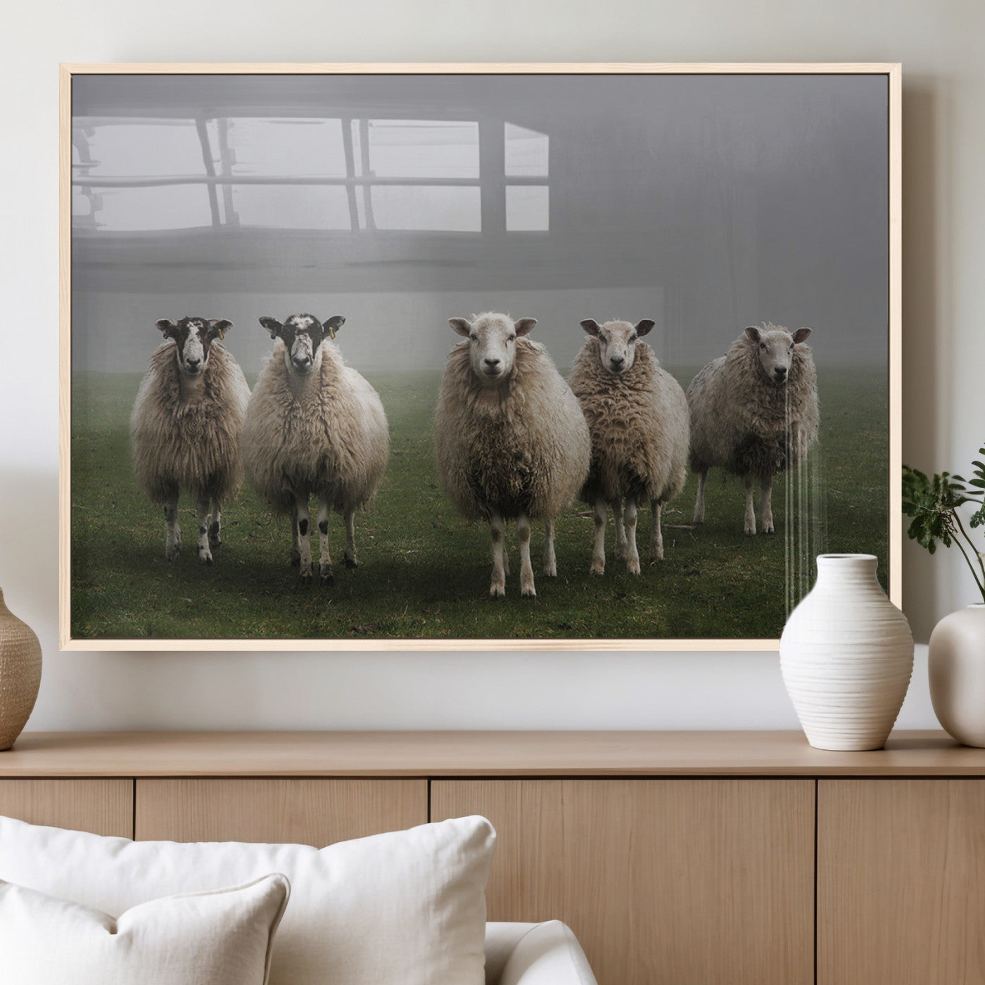 87339-MGV-FP-36X24-3P_Natural-Flock of Sheep in a Mystical Fog – Pastoral Wall Art Canvas Print, Framed, Ready to Hang