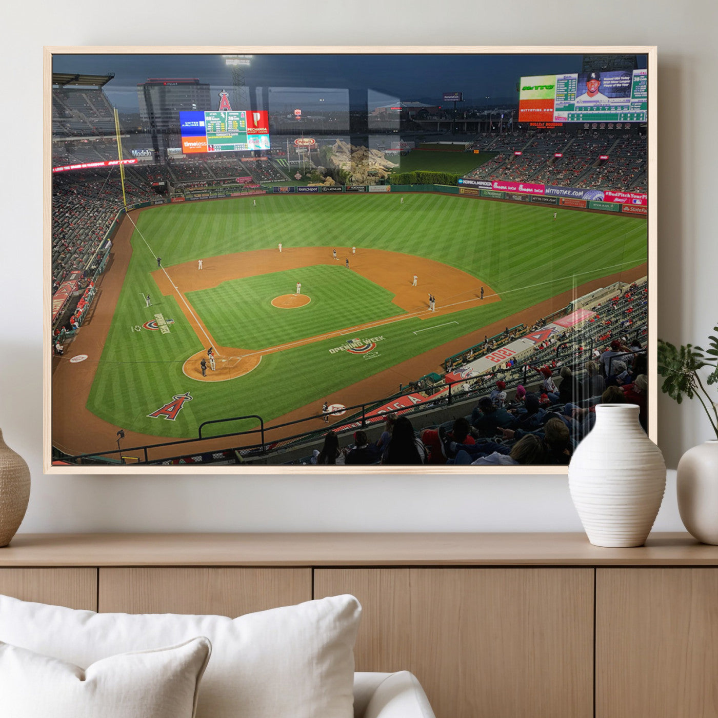 93707-MGV-FP-36X24-3P_Natural-Angel Stadium Aerial Canvas Print – Los Angeles Angels Baseball Canvas Print, Framed, Ready to Hang