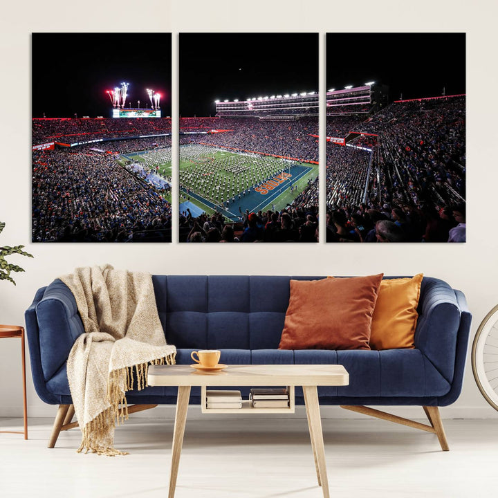 Ben Hill Griffin Stadium Night Game Triple Canvas Wall Art - Florida Gators Football Match