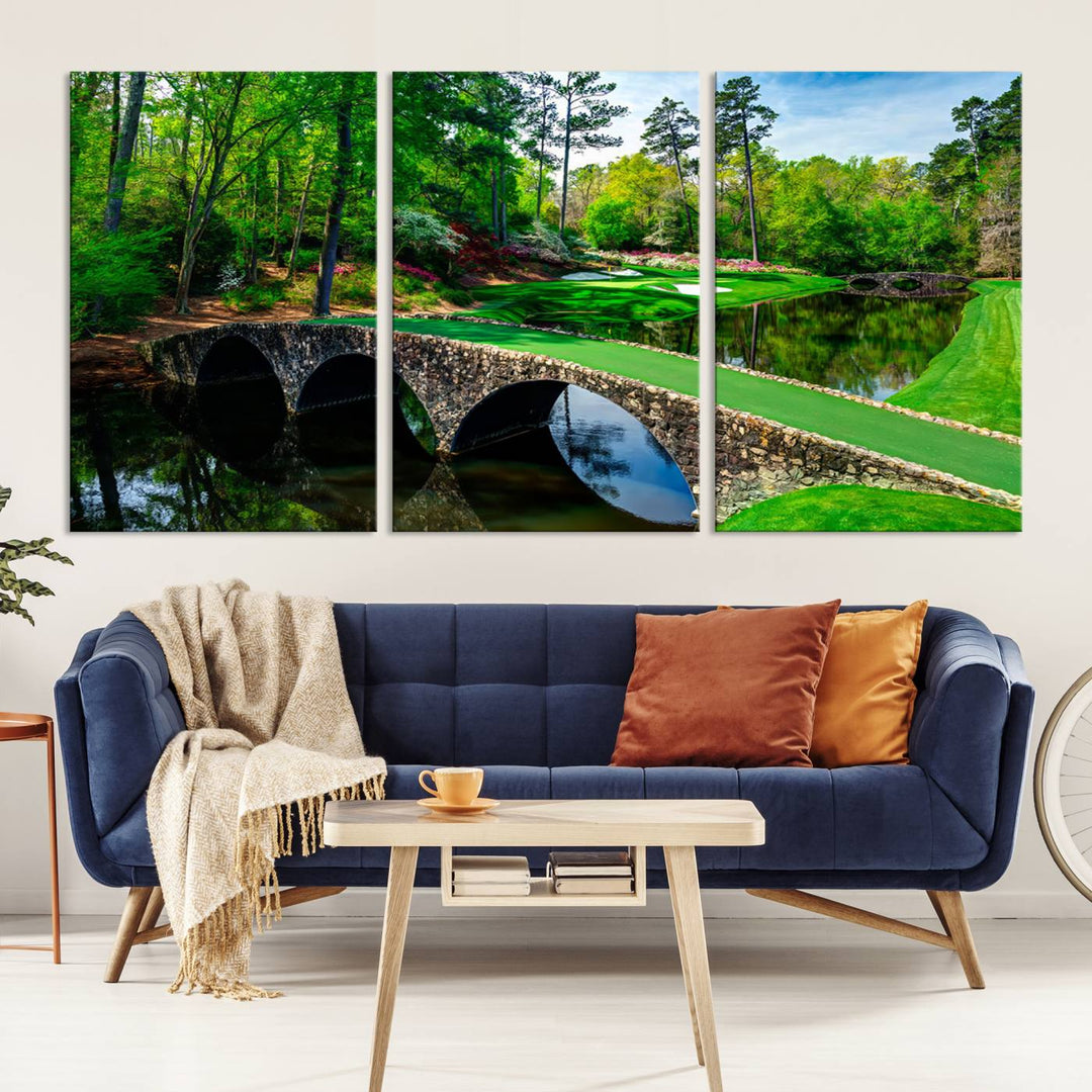 Augusta National Golf Club Wall Art - Panoramic Bridge & Lush Greenery – Premium Framed, Ready-to-Hang Triptych Canvas