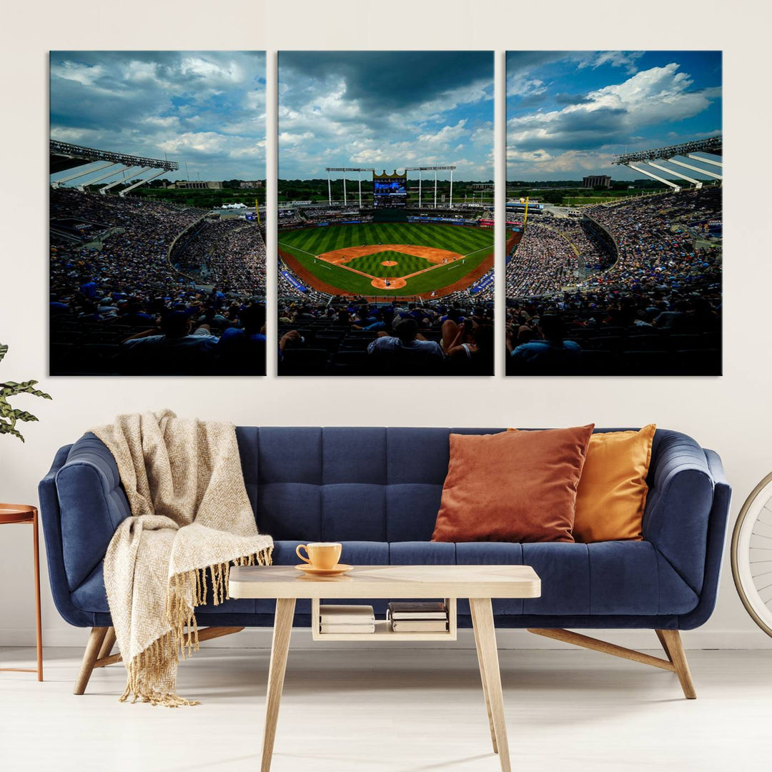 Kauffman Stadium Day Game Triple Canvas Wall Art - Kansas City Royals MLB Match